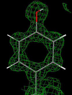 Snapshot of 1.0 Å electron density map at 1 sigma, displayed in Jmol. Interactive Version