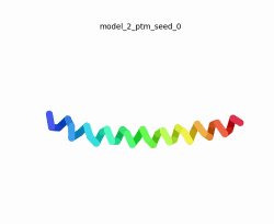 Morph of the top 5 ranked AlphaFold2 models of SARS-CoV-2 Protein ORF10, rainbow color coded N-C (blue to red).