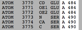 PDB文件2的摘录显示了由于缺少循环导致的序列编号中的间隙。