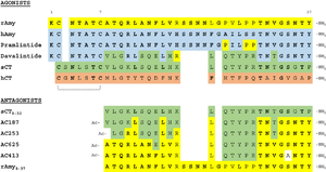 Figure 4: Pramlintide Sequence alignment with varying forms of amylin. Atoms C2—C7 and K1 of the N-terminal region are conserved​. Y37 and T36 of the C-terminal region are also conserved.