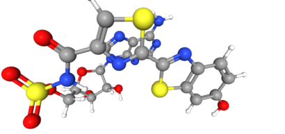 5'-O-[N-(Dehydroluciferyl)-sulfamoyl] adenosine, shortened to DLSA for brevity. The sulfamate moiety is shown to the far left (sulfur atoms are represented in yellow while oxygen atoms are represented in red). Further, the carbonyl oxygen of the luciferyl-adenylate is connected to the sulfamate moiety via nitrogen atom (represented in blue). [2]