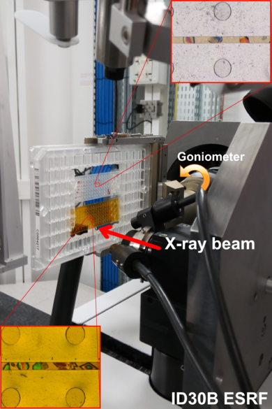 Setup mounted for diffraction experiments at the ID30B beamline of the ESRF with two microchips (Kapton and Mylar) hold in a standard crystallization microplate mount in the plate-gripper goniometer head. Insert are images of thaumatin crystals.