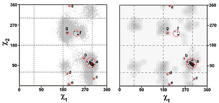 Fig. 2. The χ1/χ2 plots of W279. Details in the plots are as in Fig. 1 except that the grey areas in the right plot are the favorable regions for the side-chain of Trp predicted by PROCHECK.