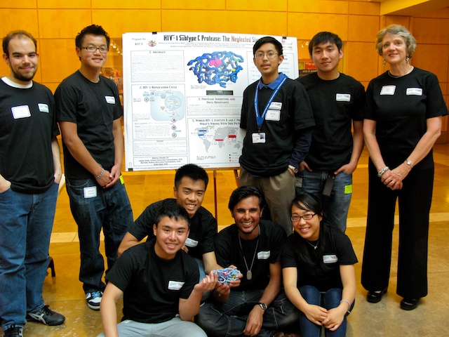 (From Left to Right) Front Row: Ryan Valenzuela, Andrew Dang, Usama Shahbaz, Susanna Cheng;  Back Row: UCSF Scientist/Mentor Noah Ollikainen, William Cheung, Alfred Si, Victor Chew, SMART Team Instructor Julie Reis