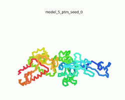 Morph of the top 5 ranked AlphaFold2 models of SARS-CoV-2 Protein NSP14, rainbow color coded N-C (blue to red).