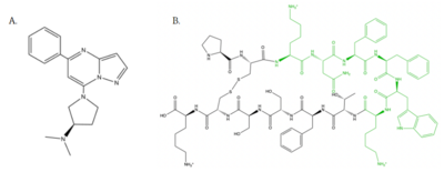 Figure 4: Structure of MRGPRX2 Agonists. (A) Structure of R-Zinc 3573. A cationic ligand selected for binding to MRGPRX2 . (B) Structure of Cortistatin-14 with resolved amino acids highlighted in green. These ligands were used as a probes for MRGPRX2 function and stabilization for structure determination .