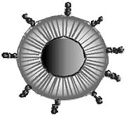 Schematic representation of a 2 nm Au nanoparticle delivery vehicle, functioanlized with an RGD peptide (image by David Solfiell)