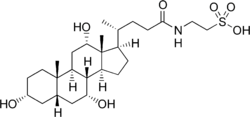 Fig.1 Taruocholic acid a crystalline bile acid Shown here is the structure in a line representation of taruocholic acid with stereochemistry and important hydrogens.