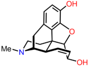 The opiate morphine is a T-shaped molecule containing an aromatic ring (top) and a nitrogen (bottom left in blue, shown in the deprotonated uncharged state)